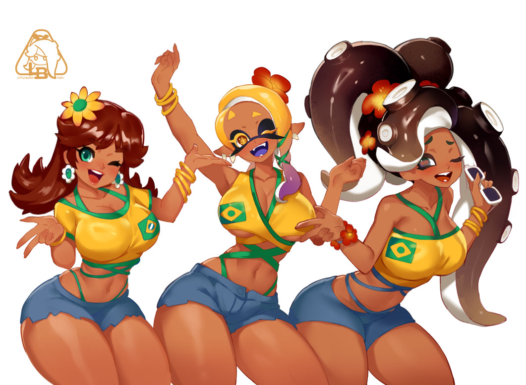 3girls bimbo brazil brazilian brazilian_female brazilian_miku brazilian_miku_(cosplay) breasts brown_hair cleavage dark-skinned_female dark_skin female female_only frye_(splatoon) green_eyes hatsune_miku large_breasts latin_american_hatsune_miku_(meme) little_blood marina_(splatoon) mario_(series) princess_daisy short_shorts shorts splatoon tan_body tan_skin thick_thighs thighs thong_above_shorts vocaloid white_background wide_hips