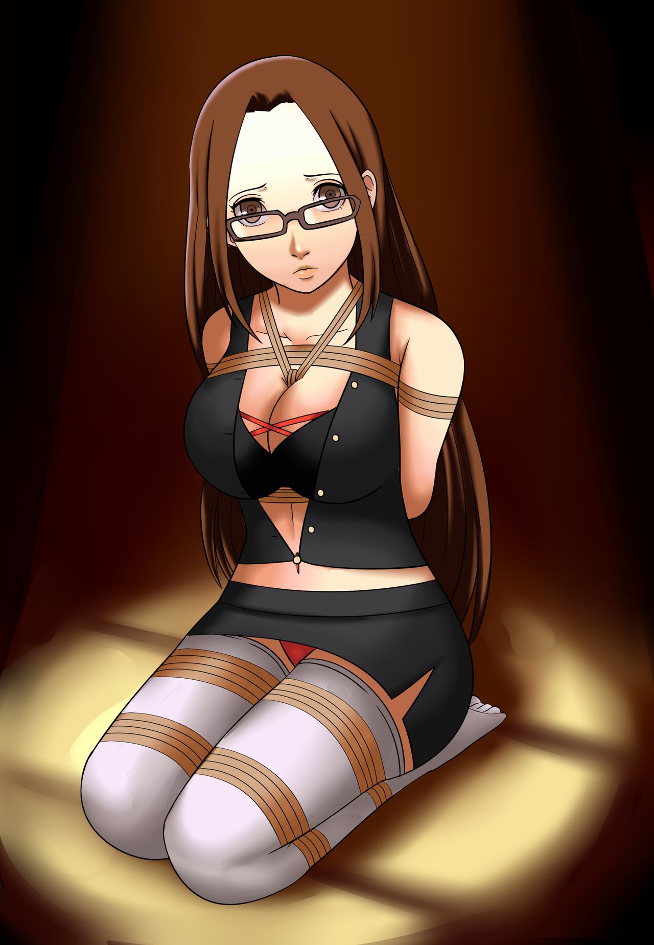 2d 2d_(artwork) bondage bound bound_arms bound_legs breasts brown_hair dankestofdans female female_focus female_only fushimi_chihiro human humanoid light-skinned_female light_skin on_knees persona persona_3 rope rope_between_breasts rope_bondage submissive submissive_female thighs