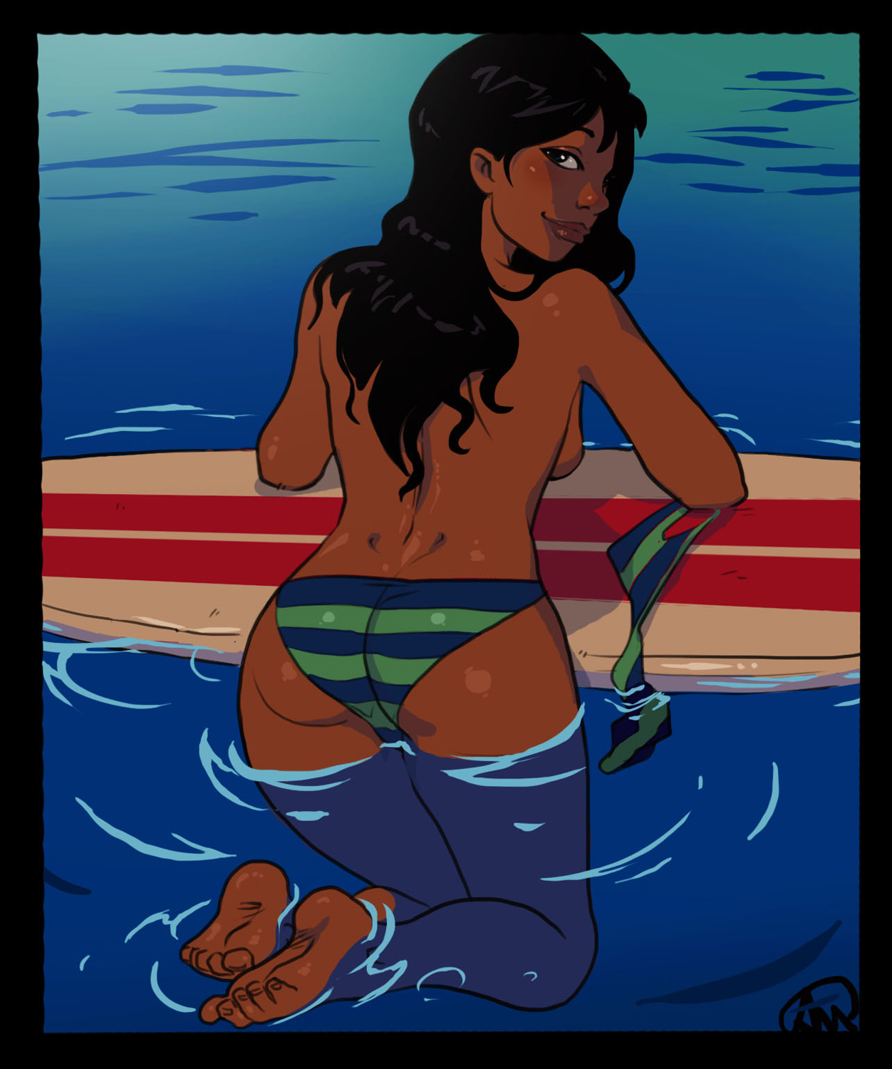 back view, barefoot, bikini, dark skin, dark-skinned female, disney, feet, female, female only, ganassa, human, lilo and stitch, nani pelekai, soles, solo, surfboard, toes, topless