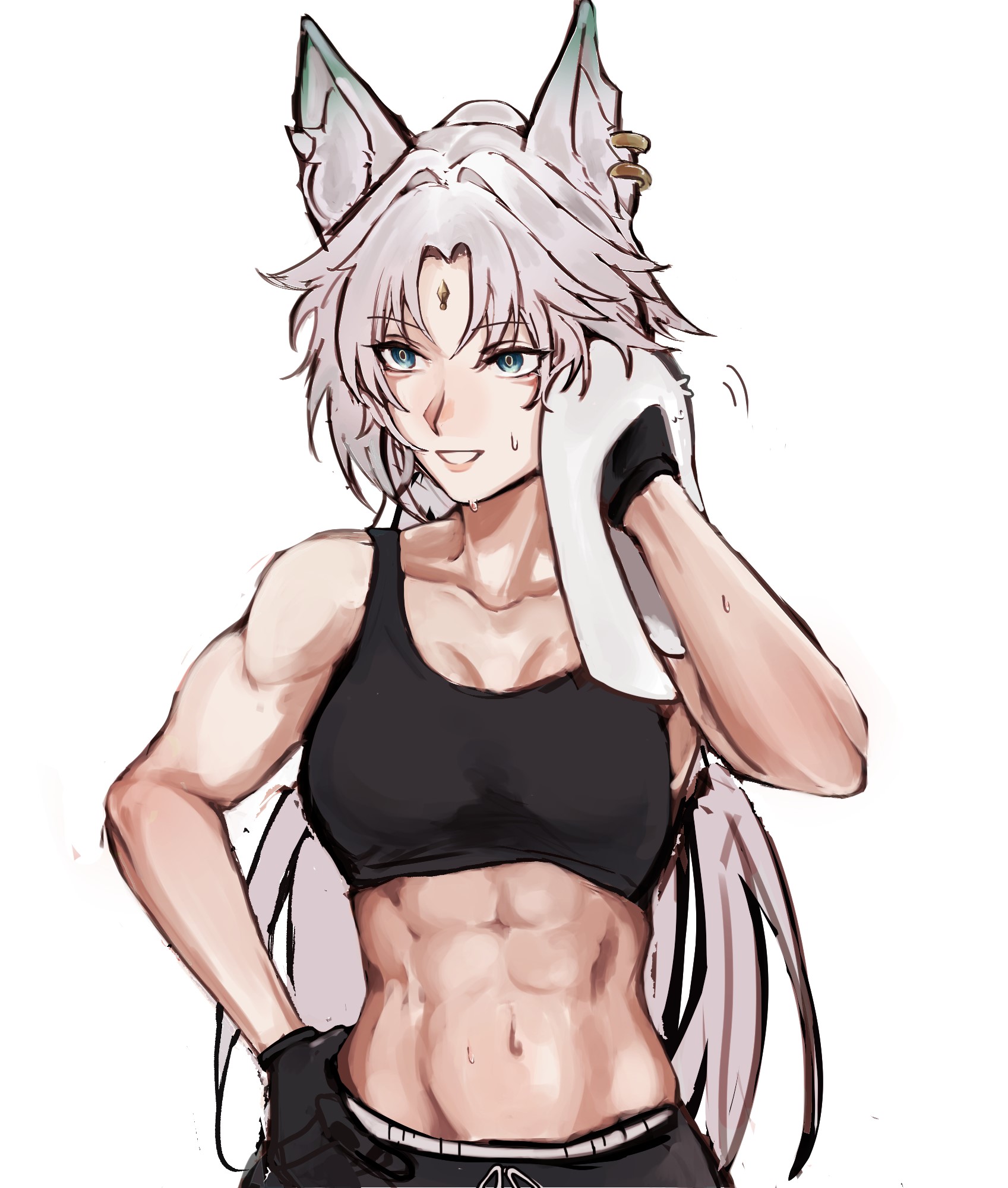 abs, feixiao (honkai: star rail), female, fox, fox ears, fox girl, honkai: star rail, muscular, muscular female, sweat, sweating, workout, workout clothes