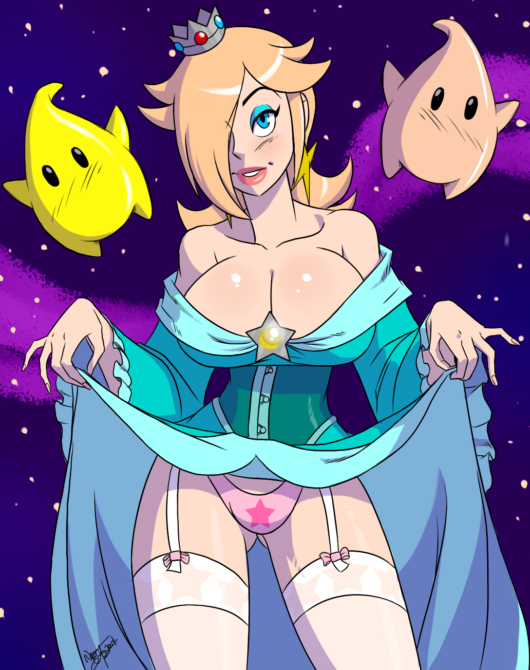 aeolus06, breasts, cleavage, dress, female, human, lipstick, luma, mario (series), nintendo, one eye covered, panties, princess, princess rosalina, print panties, skirt lift, smile, space, stars, stockings, super mario galaxy, tiara, upskirt