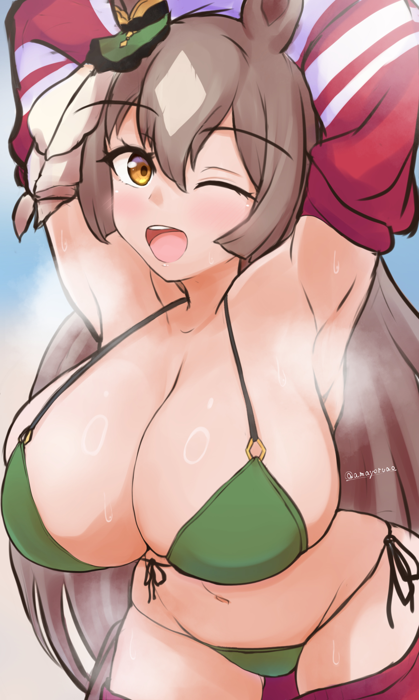 armpits, bikini, breasts, curvy, female, gym uniform, huge breasts, huge thighs, jacket, looking at viewer, one eye closed, open mouth, plump, satono diamond (umamusume), signature, smile, steam, sweat, sweaty, thick thighs, umamusume, undressing, upper teeth, voluptuous, wide hips
