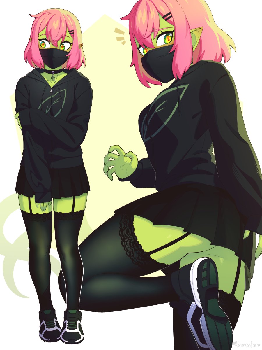 1girls choker female female_only garter_straps green_eyes hairclip hoodie looking_at_viewer mouth_mask orc orc_female pink_hair pink_skin pointy_ears razalor shoes skirt solo solo_female stockings