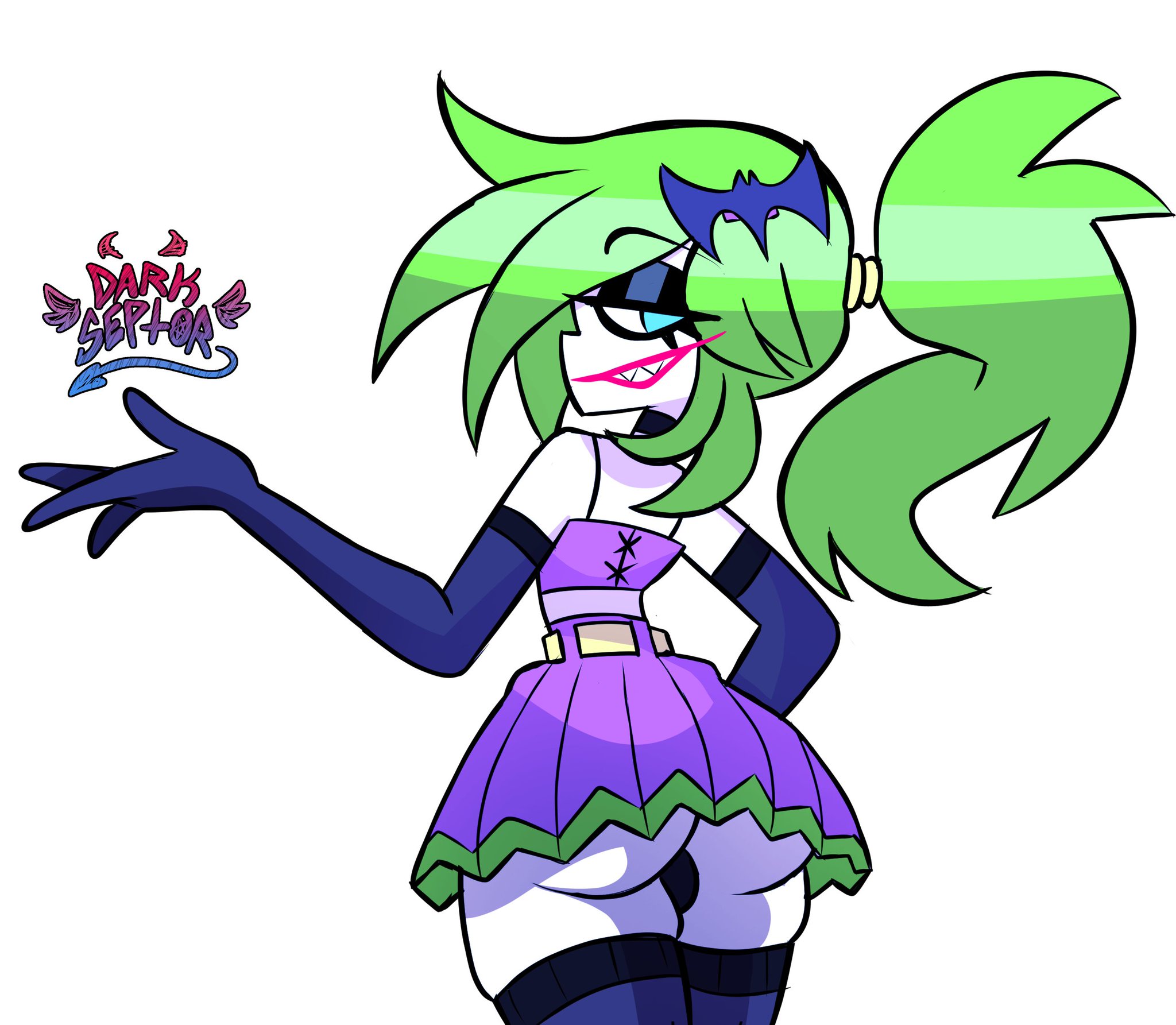 1boy, 2025, artist name, artist signature, ass, batman (series), darkseptor, eyeshadow, femboy, femboy joker, girly, green skin, joker, light green hair, male, opera gloves, ponytail, red lipstick, sharp teeth, skirt, thighhighs, white skin