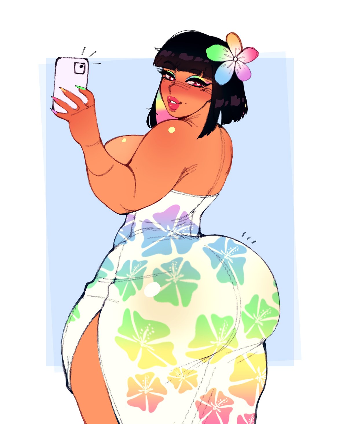 1girls ass big_ass black_hair dark-skinned_female dark_skin dat_ass dress female female_only flower_in_hair heart-shaped_pupils hi_res looking_at_viewer looking_back looking_back_at_viewer multicolored_hair nocturne_nsfw phone rainbow_hair red_eyes red_lipstick selfie smiling smiling_at_viewer solo sona_(cinnabus) thick_ass