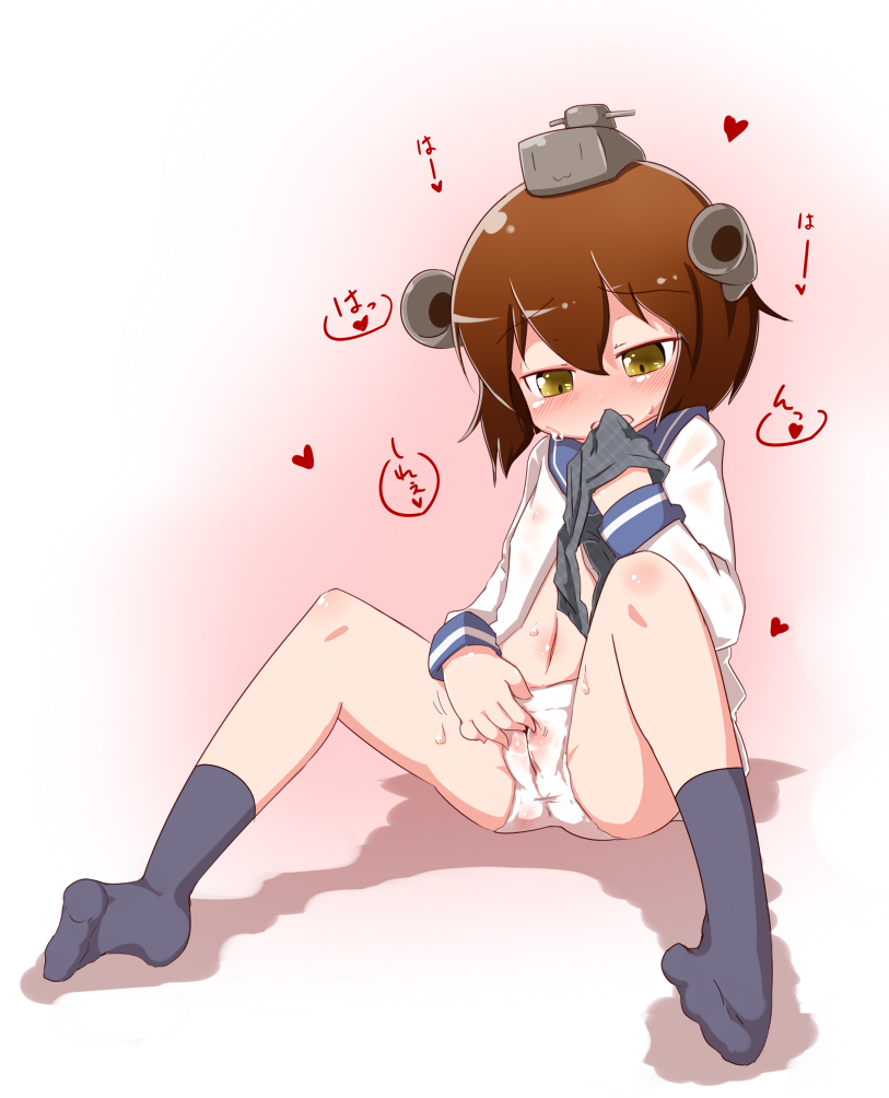 blush brown_eyes brown_hair clothed_masturbation clothes_sniffing clothing female femcum_under_clothes hair_ornament kantai_collection masturbation masturbation_through_clothing nassukun panties sailor_dress school_uniform short_hair skirt underwear yukikaze_(kantai_collection)