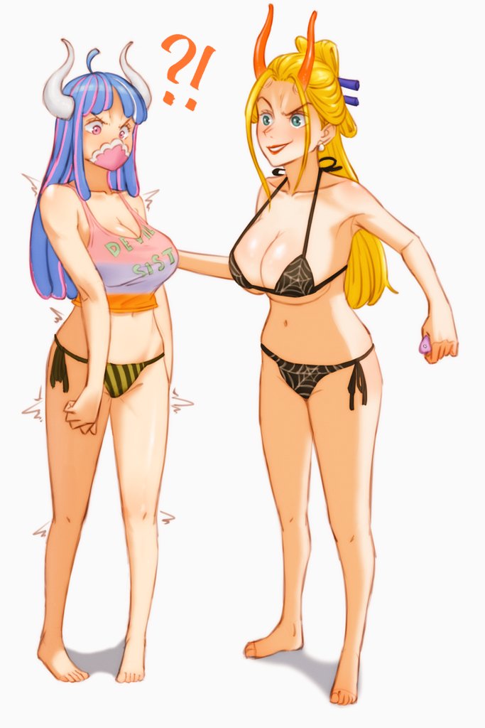2girls ?! adult_female ahoge antenna_hair bare_armpits bare_arms bare_belly bare_calves bare_chest bare_hands bare_hips bare_knees bare_legs bare_midriff bare_navel bare_shoulders bare_skin bare_soles bare_thighs bare_toes barefoot belly belly_button bikini bikini_bottom bikini_only bikini_top black_maria blonde_eyebrows blonde_female blonde_hair blonde_hair blonde_hair_female blue_hair blue_hair_female breasts busty busty_female busty_girl calves cleavage collarbone exposed_arms exposed_belly exposed_hips exposed_legs exposed_navel exposed_shoulders exposed_skin exposed_thighs exposed_toes feet female female_focus female_only fingers frown frown_eyebrows frowning full_body futz_11 groin halterneck high_resolution highres horn horns hourglass_figure knees large_breasts lean_figure legs long_hair looking_at_viewer mature mature_female multiple_females multiple_girls narrow_waist navel one_piece pink_eyes pink_eyes_female pink_hair pink_hair_female red_horn red_horns shoulders side-tie_bikini simple_background slender_body slender_waist slim_waist solo standing string_bikini swimsuit swimwear thighs toes ulti_(one_piece) white_background wide_hips