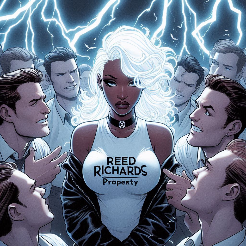 1girls ai_generated ai_hands background_characters big_breasts busty dark-skinned_female female light-skinned_male light_skin male marvel marvel_comics multiple_boys ororo_munroe raceplay roguesupremacy same_face storm_(x-men) straight straight_hair t-shirt underwear white_hair x-men