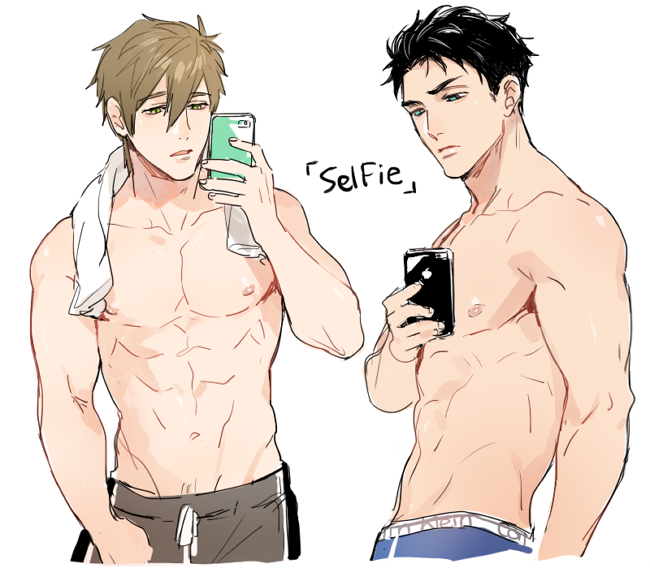 2boys free! makoto_tachibana male male_focus male_only phone selfie shirtless shirtless_male smartphone sosuke_yamazaki sousuke_yamazaki tachibana_makoto taking_picture toned_body toned_male yamazaki_sosuke yamazaki_sousuke yaoi