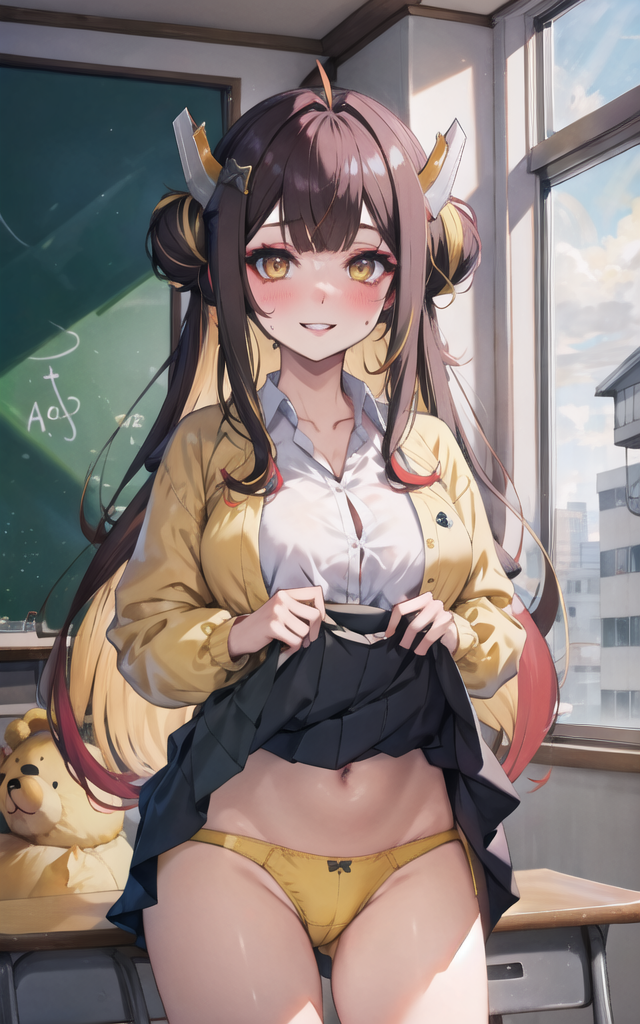 1girls ai_generated black_hair e-sekai eel eel_girl idol-en idol_corp juna_unagi large_breasts light-skinned_female panties skirt_lift virtual_youtuber vtuber yellow_eyes yellow_hair