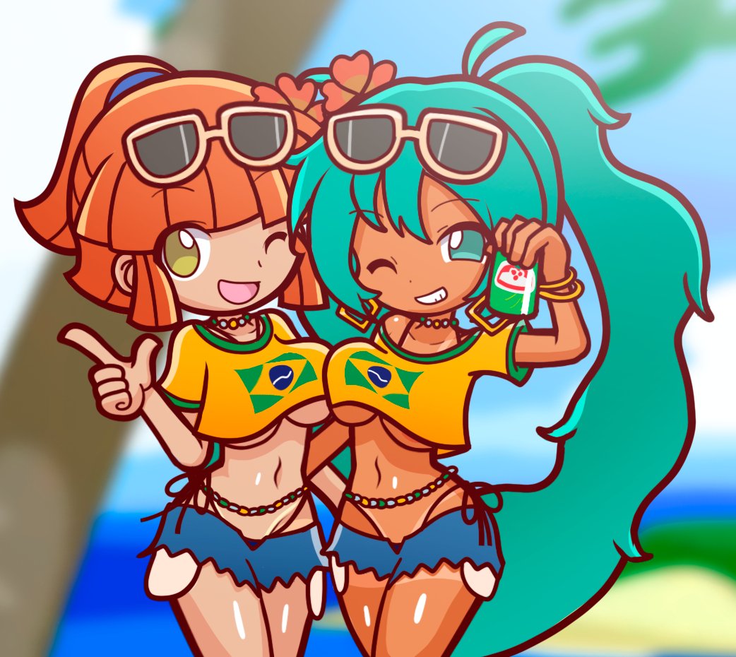 2girls alternate_version_available arle_nadja beach bracelet brazil brazilian brazilian_female brazilian_miku breast_press breast_squeeze breasts clothed clothing crossover drink earrings eyewear_on_head female female_only furii_(artist) green_eyes green_hair hatsune_miku light-skinned_female light_skin long_hair navel necklace one_eye_closed orange_hair pantylines ponytail puyo_puyo puyo_puyo_artstyle short_shorts shorts suggestive sunglasses tan-skinned_female tan_skin tanline twintails underboob very_long_hair vocaloid wink yellow_eyes