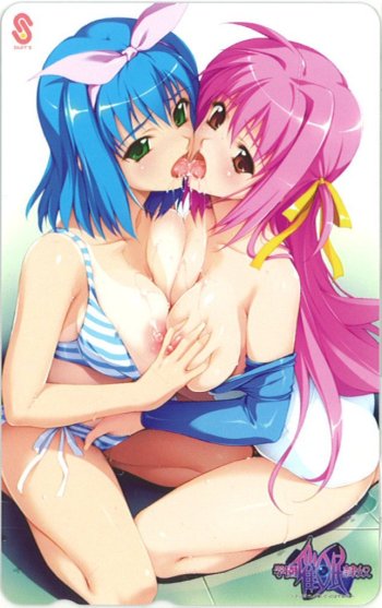 2girls bikini blue_hair blush breasts female front-tie_top gakuen_saimin_reido green_eyes gymnastics hair_ribbon hairband mizushiro_nagisa multiple_girls navel nipples pink_hair ribbon sakurasawa_yuna short_hair side-tie_bikini striped striped_bikini swimsuit tan tanline yuri