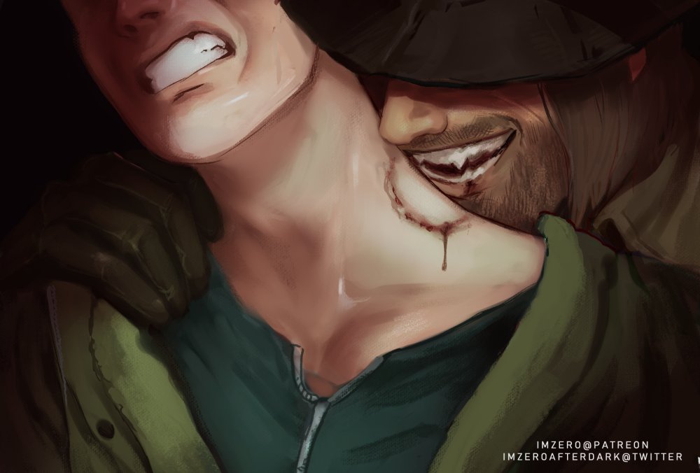 bite bite_mark bite_mark_on_neck bite_marks biting biting_neck digital_painting_(artwork) dubious_consent ethan_winters fully_clothed fully_clothed_male gay imzero karl_heisenberg male/male male_focus male_only neck_bite_mark no_visible_genitalia resident_evil resident_evil_8:_village sharp_teeth yaoi