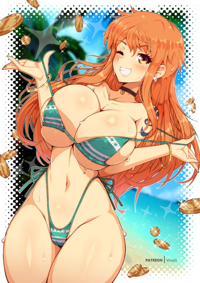 1girls bikini bracelets breasts choker coins earrings female female_only green_bikini green_swimsuit highleg highleg_bikini highleg_swimsuit large_breasts long_hair looking_at_viewer midriff money nami nami_(one_piece) navel one_piece orange_hair painted_fingernails side-tie_bikini side-tie_swimsuit swimsuit tattoo tattooed_arm virus-g yellow_eyes