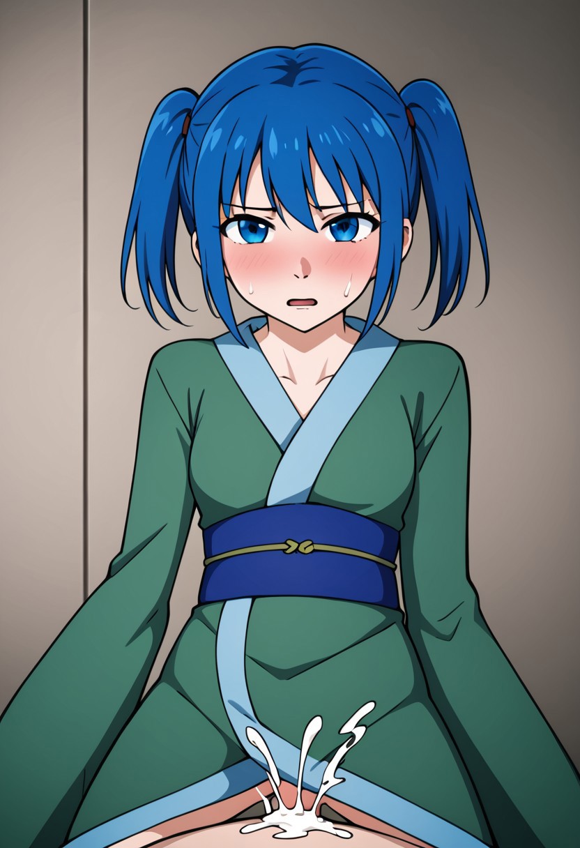 1boy 1boy1girl 1girls ai_generated blue_eyes blue_hair civitai clothed cum female first_porn_of_character green_kimono green_sash kaori_onidzuka looking_at_viewer masa_works_design mjdennsfw mv_character no_panties oni_to_kitsune_no_hanashi open_mouth penetration pov self_upload short_twintails solo_focus sweat twintails vaginal_penetration younger_female