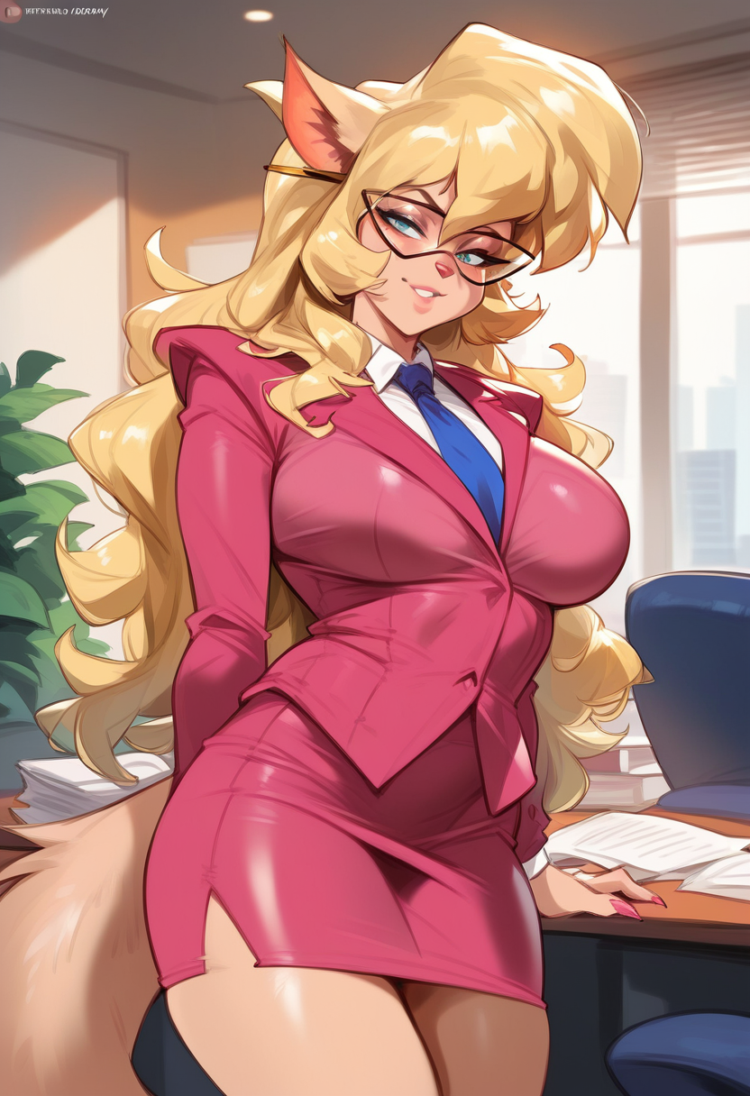 1girls 2d ai_generated animal_ears big_breasts blonde_hair blue_eyes business_suit callie_briggs female female_focus female_only furry furry_female furry_only glasses indoors long_hair pencil_skirt solo solo_female solo_focus suit swat_kats tagme yellow_hair