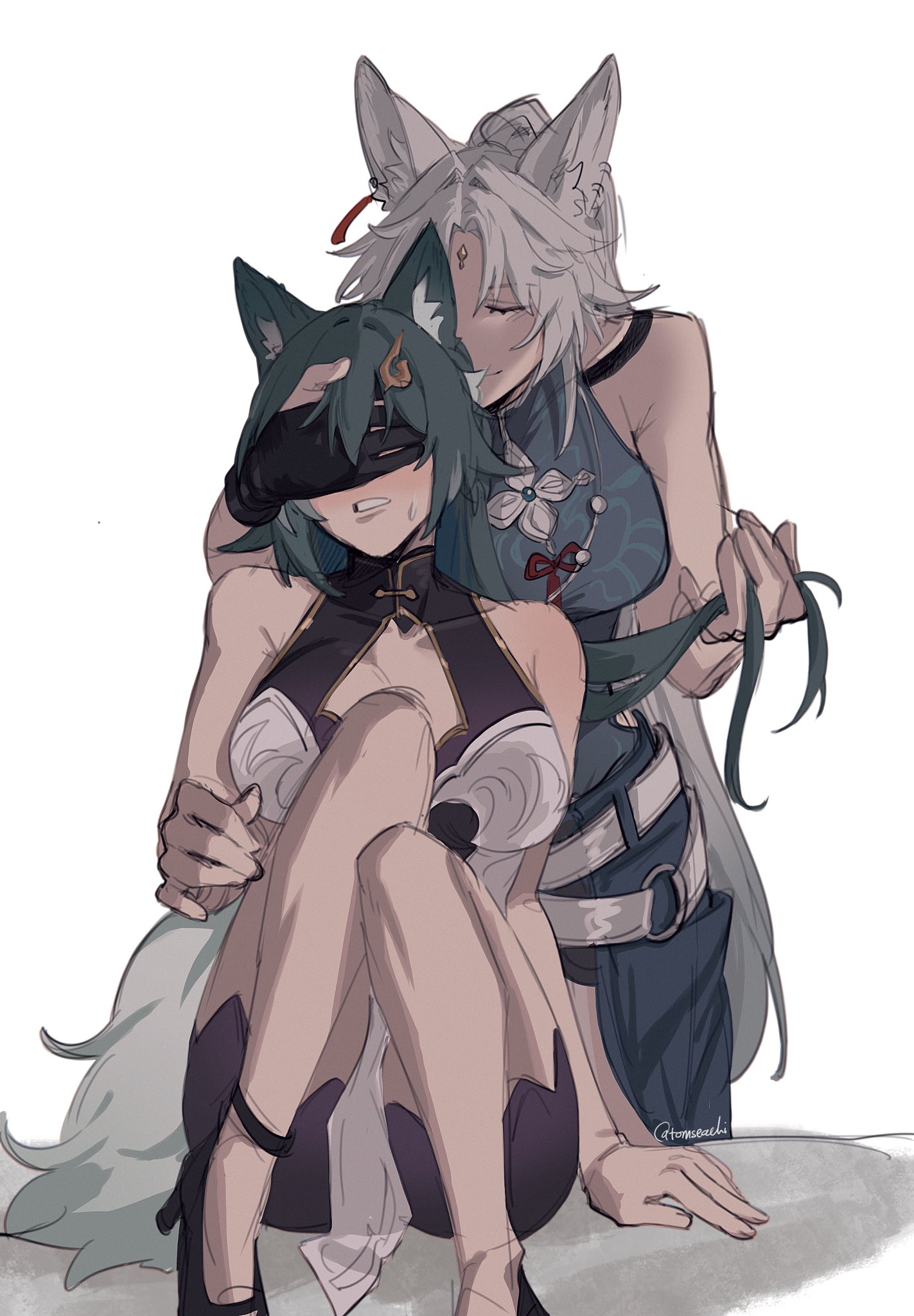 eyes covered, feixiao (honkai: star rail), female, fox, fox ears, fox girl, fox tail, gloves, hair, honkai: star rail, yukong (honkai: star rail), yuri