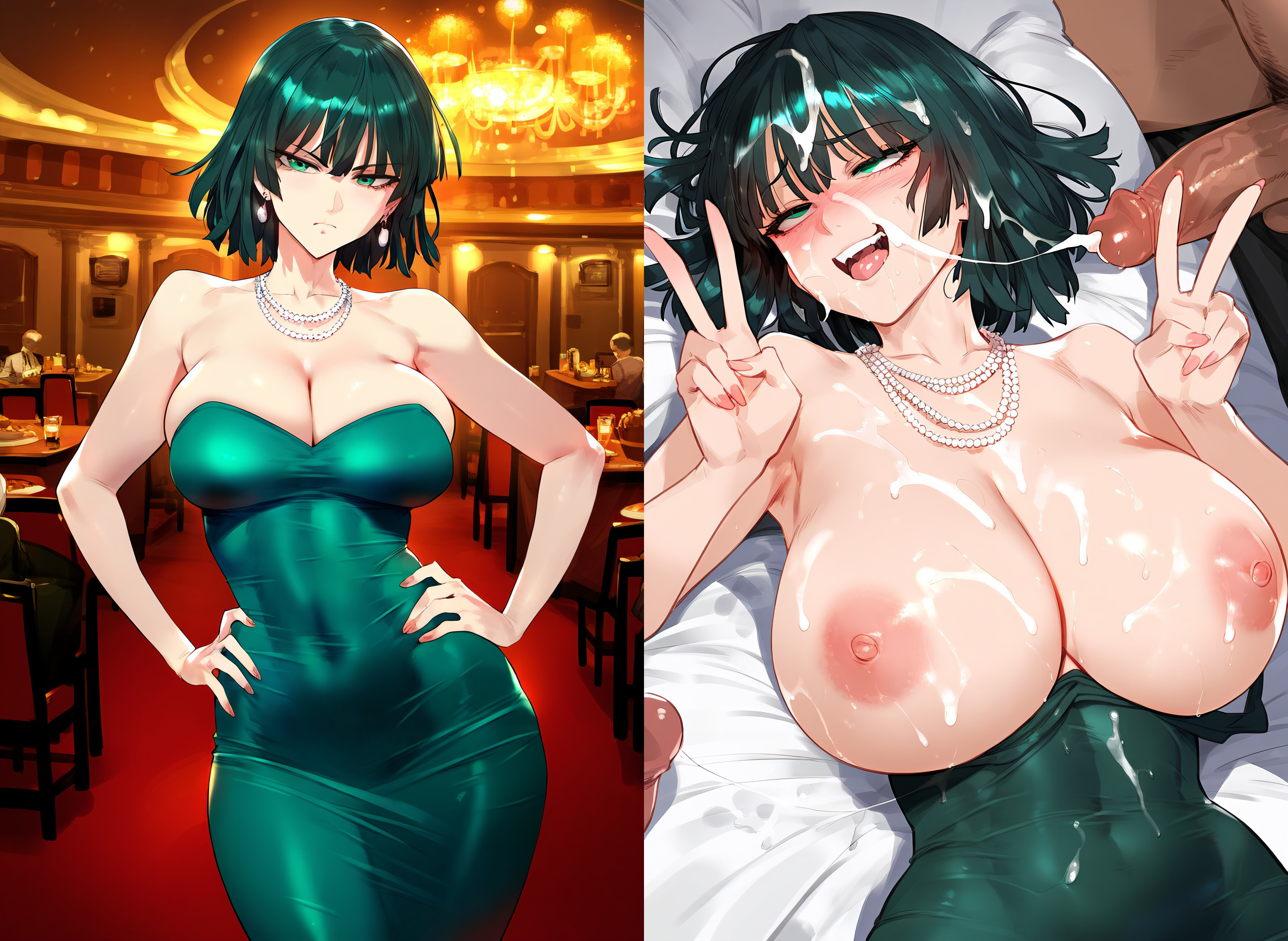 ai generated, big breasts, breasts, cleavage, comprehentai, cum, dark skin, dark-skinned male, dress, female, fubuki (one-punch man), gangbang, gangrape, green hair, group, instant loss, instant loss 2koma, large breasts, light skin, light-skinned female, male, necklace, nipples, peace sign, penis, rape, tagme