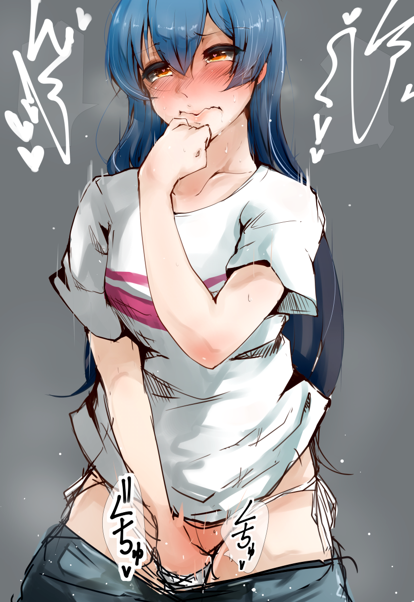 bad_id blue_hair blush female female_only full-face_blush hand_to_own_mouth heart heart-shaped_pupils highres human ironblood long_hair love_live! love_live!_school_idol_project masturbation orange_eyes panties solo sonoda_umi sweat symbol-shaped_pupils t-shirt takato_kurosuke underwear wavy_mouth white_panties