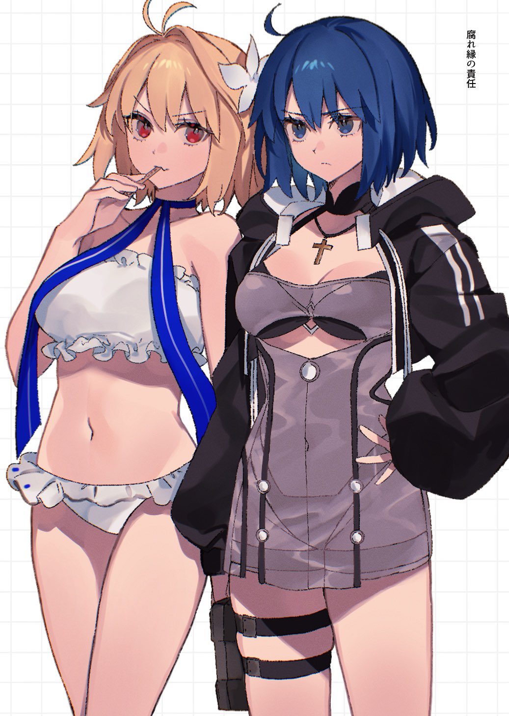 2girls ahoge alternate_costume antenna_hair arcueid_brunestud bare_legs bare_shoulders bikini bikini_under_clothes black_bikini black_jacket blonde_hair blue_eyes bovine breasts ciel_(swimsuit_mooncancer)_(fate) ciel_(tsukihime) cross cross_necklace fate/grand_order fate_(series) habit highres jacket jewelry large_breasts looking_at_viewer multiple_girls navel necklace red_eyes stomach swimsuit tsukihime uxco0 white_background white_bikini