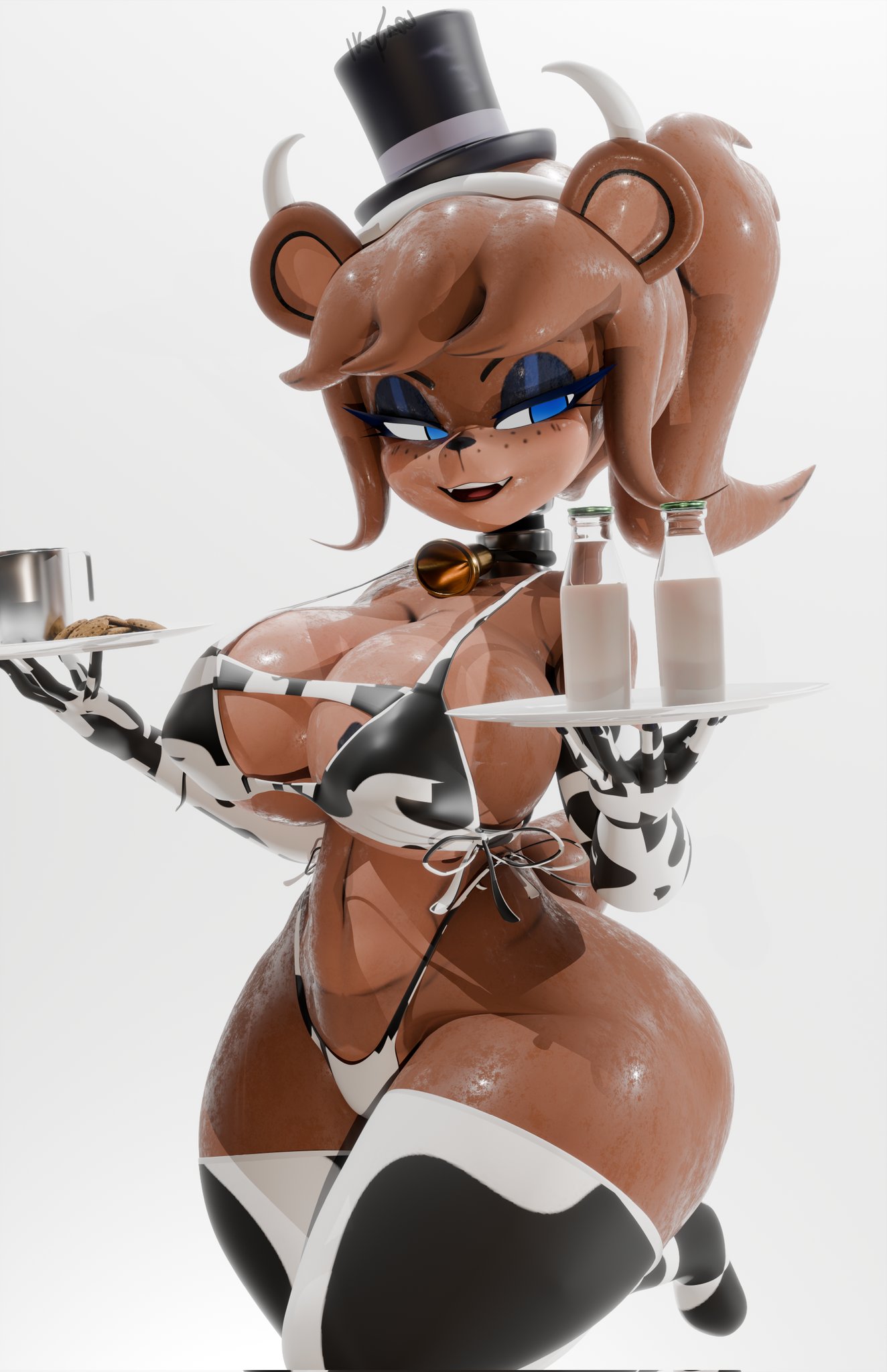 artist_request bear bear_ears bear_girl bear_tail bell bell_collar big_breasts blue_eyes bottle breasts brown_hair collar cookie cookies cow_horns cow_horns_headband cow_print cow_print_armwear cow_print_bikini cow_print_gloves cow_print_legwear cow_print_thighhighs cow_print_thong eyelashes fazclaire's fazclaire's_nightclub five_nights_at_freddy's fnaf freckles freckles_on_face freddy_(fnaf) fredina's_nightclub fredina_(cally3d) frenni_(cryptia) frenni_fazclaire hat ikytaru milk milk_bottle open_mouth open_smile ponytail solo tail thick thick_ass thick_thighs thighs top_hat white_background