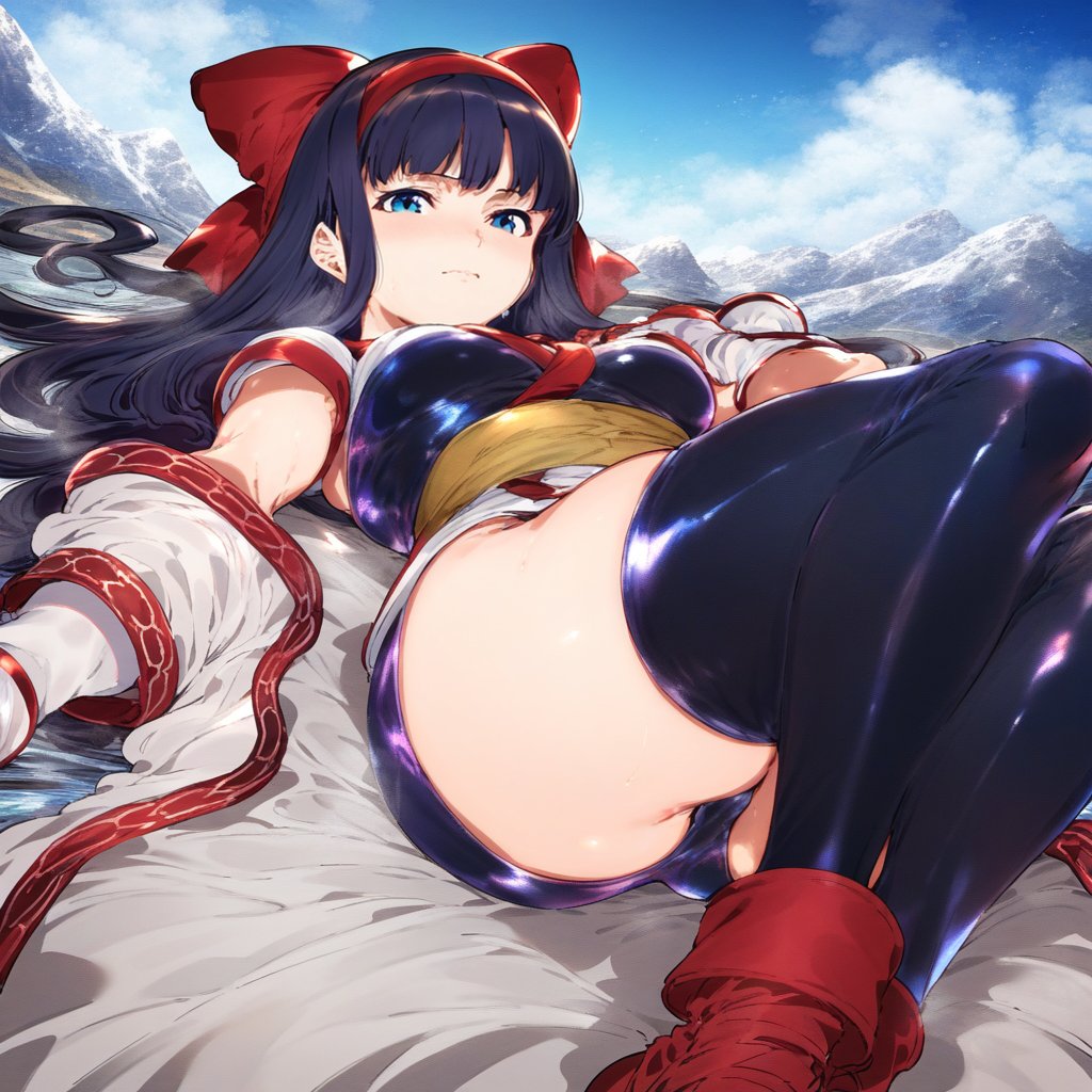 1girls ainu_clothes big_breasts blue_eyes blue_hair breasts buruma busty female female_only hair_ribbon hi_res king_of_fighters large_breasts leather_clothing legs looking_at_viewer nakoruru samurai_shodown solo stockings sweat thick_thighs thighs tubetop