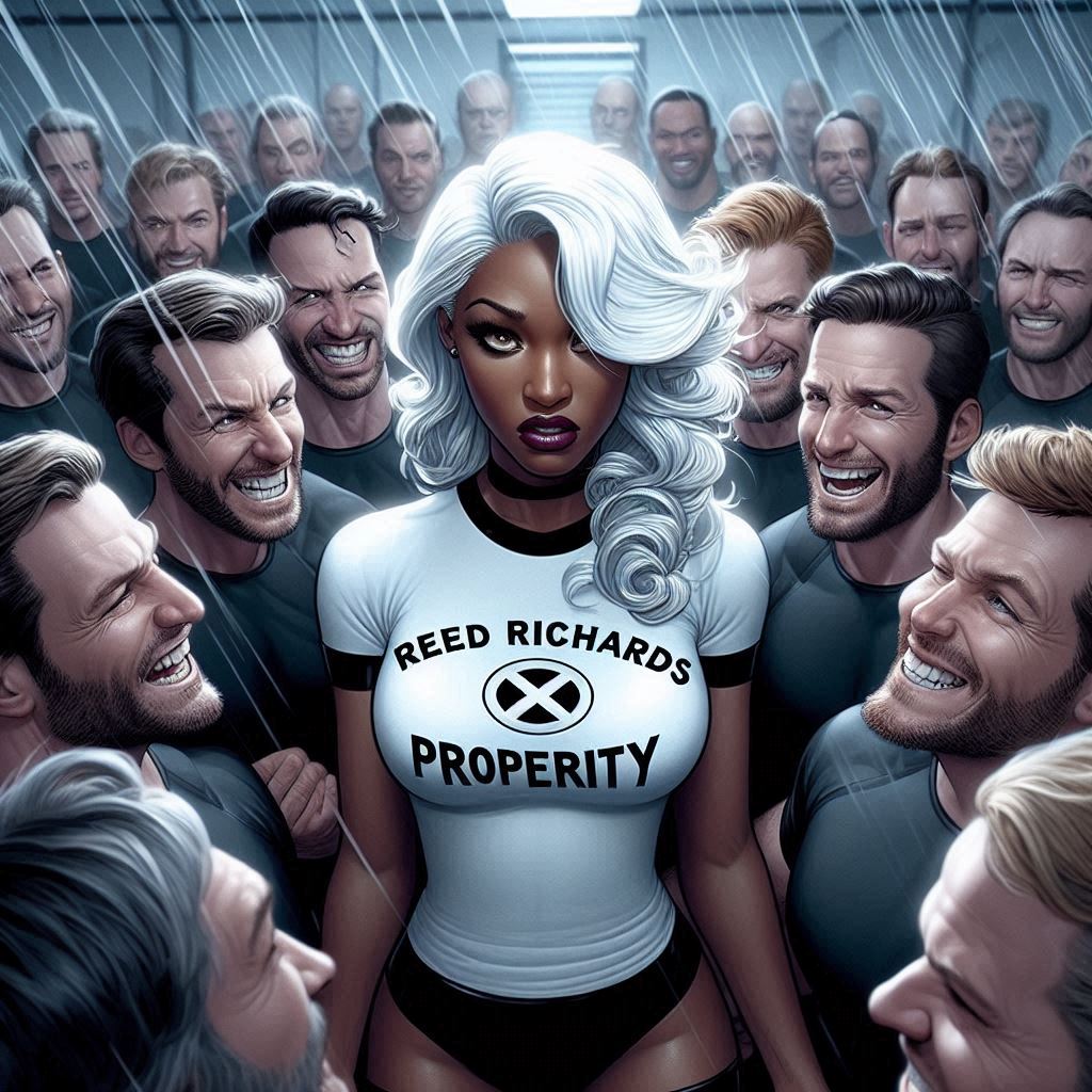 1girls ai_generated ai_hands background_characters dark-skinned_female female light-skinned_male light_skin male marvel marvel_comics multiple_boys ororo_munroe raceplay roguesupremacy same_face storm_(x-men) straight straight_hair t-shirt underwear white_hair x-men