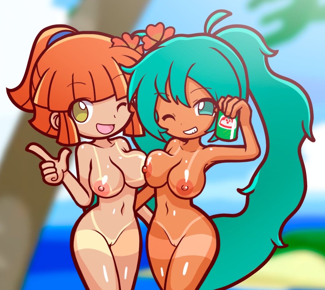 2girls alternate_version_available arle_nadja beach brazil brazilian brazilian_female brazilian_miku breast_press breast_squeeze breasts completely_nude completely_nude_female crossover drink female female_only furii_(artist) green_eyes green_hair hatsune_miku light-skinned_female light_skin long_hair navel nipples nude nude_female one_eye_closed orange_hair pantylines pink_nipples ponytail pussy puyo_puyo puyo_puyo_artstyle tan-skinned_female tan_skin tanline twintails underboob very_long_hair vocaloid wink yellow_eyes