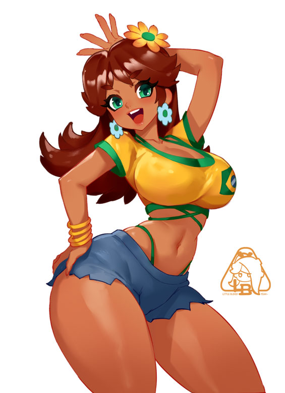 1girls bimbo brazil brazilian brazilian_female brazilian_miku brazilian_miku_(cosplay) breasts brown_hair cleavage dark-skinned_female dark_skin female female_only green_eyes hatsune_miku large_breasts latin_american_hatsune_miku_(meme) little_blood mario_(series) princess_daisy short_shorts shorts solo tan_body tan_skin thick_thighs thighs thong_above_shorts vocaloid white_background wide_hips