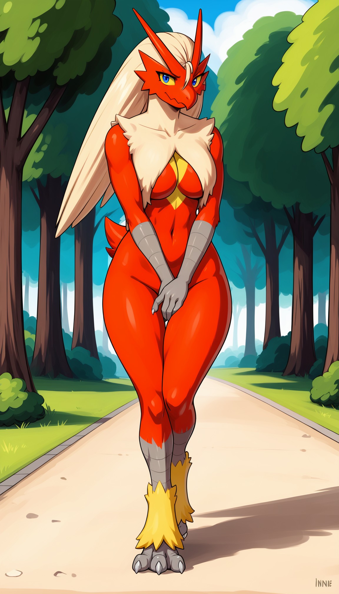 1girls 2024 ai_generated anthro avian blaziken blue_eyes covered_nipples covering_crotch curvy_female curvy_figure digitigrade female female_only generation_2_pokemon hi_res inner_sideboob looking_at_viewer nintendo nude nude_female outdoors pokemon pokemon_(species) red_body smile underboob walking wide_hips yellow_body yellow_sclera