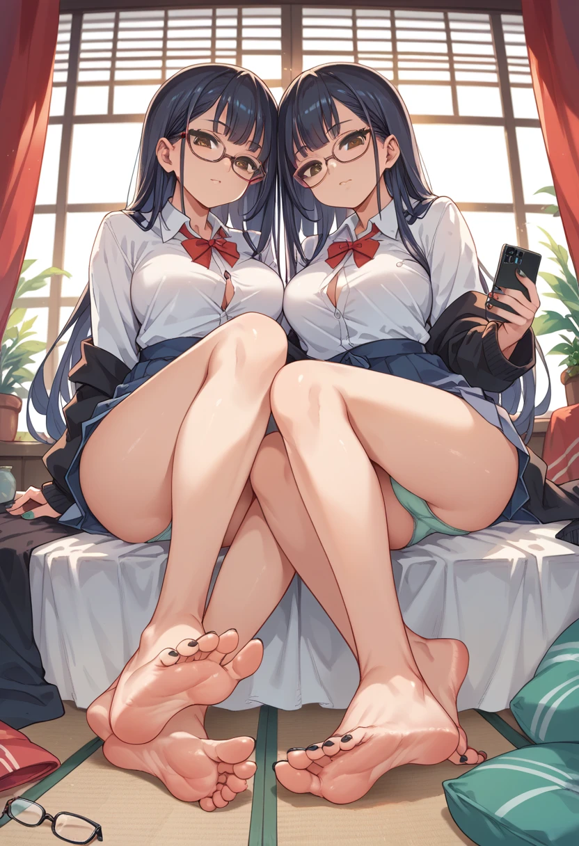 2girls ai_generated anus asian asian_female bare_feet barefoot black_hair black_toenails breasts cute_feet cute_girl fetish foot_fetish foot_focus glasses hairy_pussy no_underwear oc original_character painted_nails phone pussy selfie sisters soles toenail_polish toes twins underwear