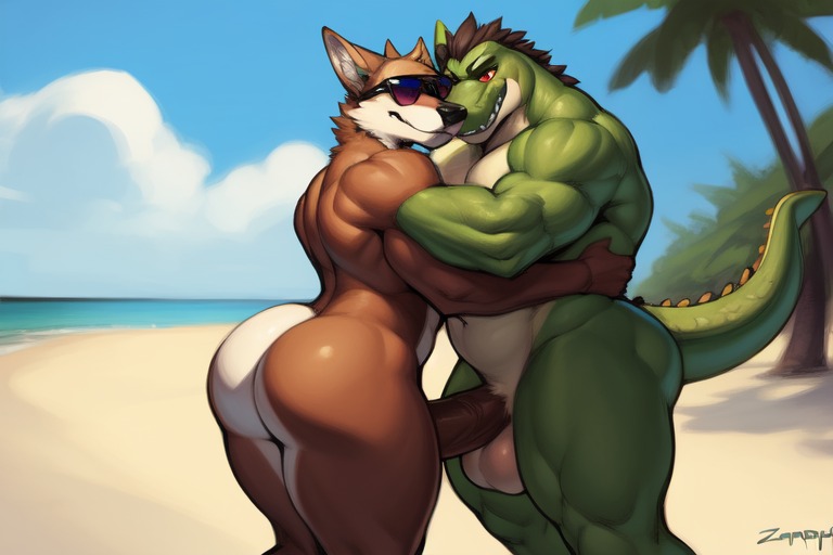 ai_generated alligator anthro beach big_ass big_ass_(male) big_balls big_butt big_butt_(male) big_penis brutal_paws_of_fury canid canine canis couple couple_(romantic) coyote crocodile crocodilian domestic_dog frosting.ai furry furry_only gay genitals karate_croc kendo_coyote male male_only muscles muscular muscular_male nude nude_male nudist_beach red_eyes reptile reptile_humanoid similar_images smiling stable_diffusion sugar1989 sunglasses sunglasses_on_head video_game video_game_character