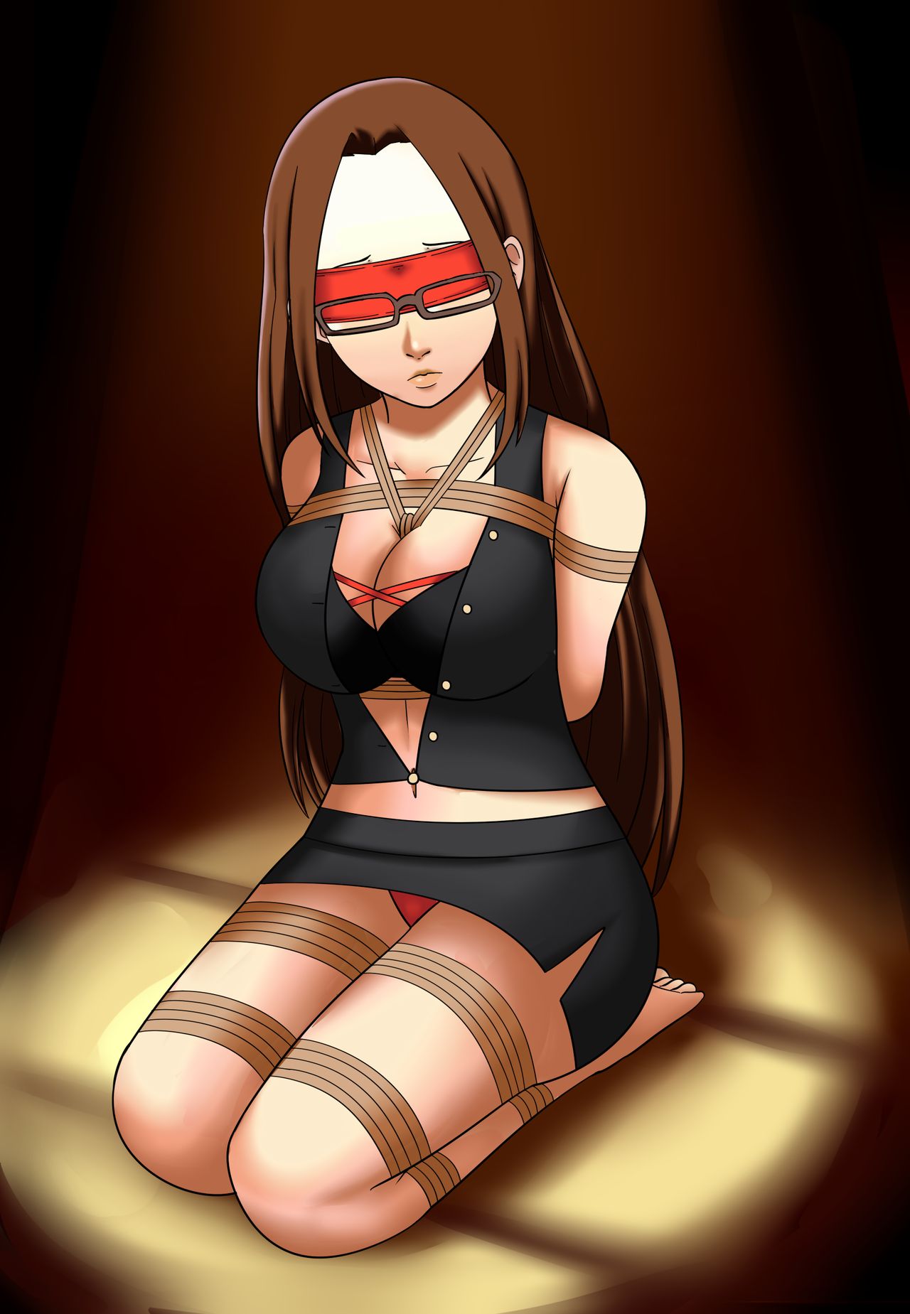 2d 2d_(artwork) blindfold bondage bound bound_arms bound_legs breasts brown_hair dankestofdans female female_focus female_only fushimi_chihiro human humanoid light-skinned_female light_skin on_knees persona persona_3 rope rope_between_breasts rope_bondage submissive submissive_female thighs