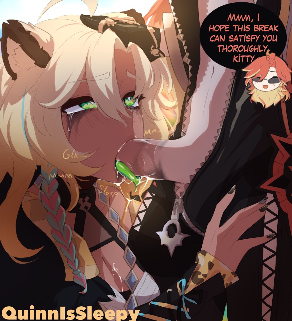 1futa, 1girls, artist name, blonde hair, blowjob, bodily fluids, cock, cock in mouth, dark skin, dark-skinned female, english text, fellatio, female, fluffy ears, futa on female, futa with female, futanari, genshin impact, glk, gloves, green eyes, green tongue, hand on head, intersex, light skin, light-skinned female, lipstick on penis, makeup running, mavuika (genshin impact), ocelot ears, ocelot girl, onomatopoeia, penis, penis in mouth, quinnissleepy, red hair, ruined makeup, running makeup, slurp, slurping, text, tongue, tongue out, xilonen (genshin impact), zipper, zipper pull tab