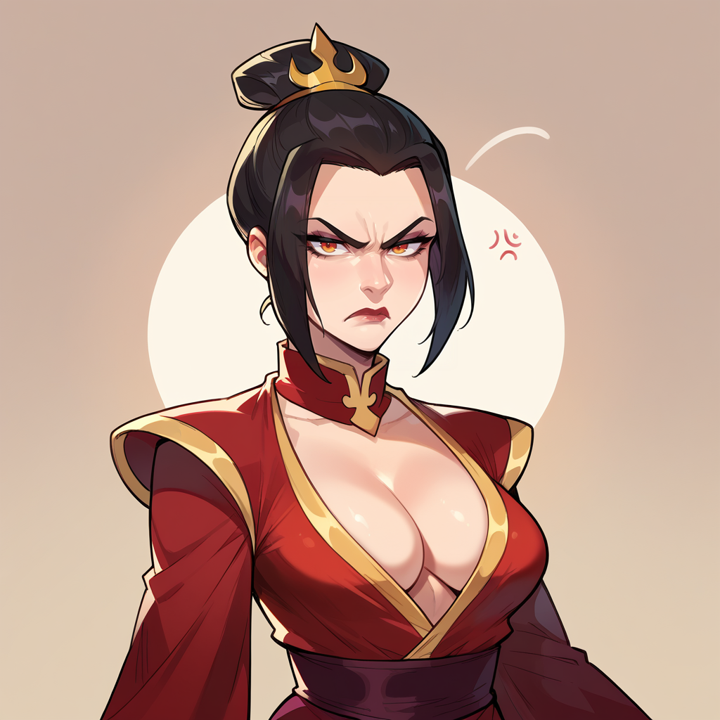 ai_generated avatar_legends avatar_the_last_airbender azula black_hair breasts breasts_out cleavage female female_focus female_only fire_nation large_breasts makeup nickelodeon red_eyes scowl scowling scowling_at_viewer shiny_skin solo