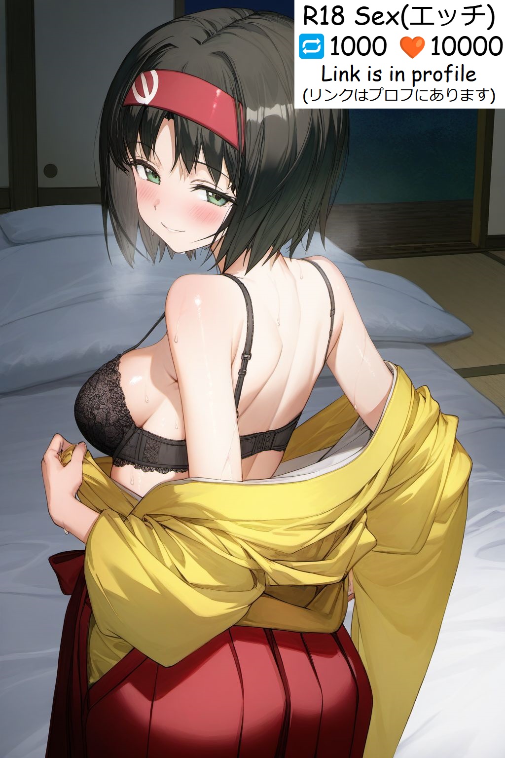 1girls ai_generated ass big_ass black_hair bra erika_(pokemon) green_eyes japanese_clothes kimono pokemon pokemon_frlg red_hairband removing_clothing tagme underwear