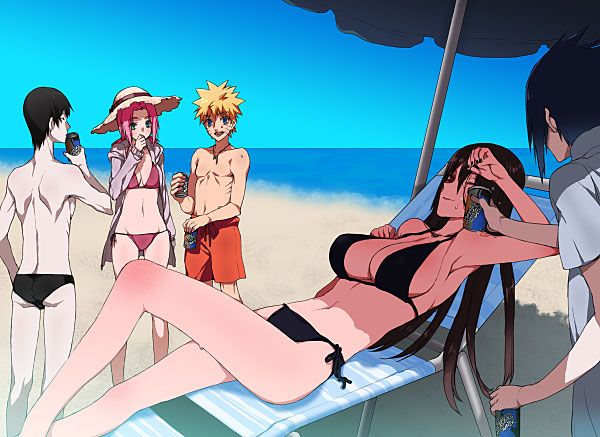2girls, 3boys, bathing suit, beach, bikini, cleavage, female, genderswap, male, multiple boys, multiple females, multiple girls, multiple males, naruto, naruto (series), rule 63, sai, sakura haruno, sasuke uchiha, speedo, uchiha itachi, uzumaki naruto, zokenwatarushi