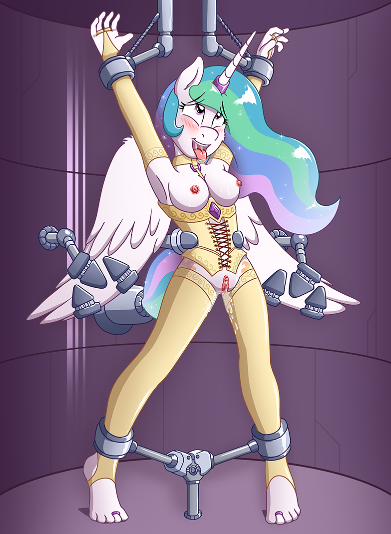 2018 alicorn alternate_version_available anthro anthrofied areola armwear blush bondage bound breasts caroo clothing collar corset elbow_gloves equine feet female female_focus female_only friendship_is_magic gloves hasbro horn horn_ring legwear lingerie magic_inhibitor mammal my_little_pony nipples orgasm_denial princess_celestia_(mlp) purple_eyes pussy ring saliva shackles stockings tears toe_ring tongue tongue_out wings