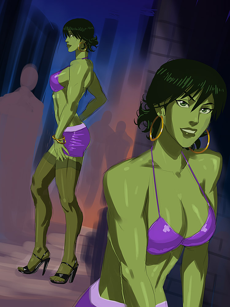 1girls, avengers, bra, bracelet, cleavage, earrings, female, female only, green eyes, green hair, green skin, high heels, hoop earrings, hulk (series), marvel, marvel comics, microskirt, midriff, prostitution, public, she-hulk, short hair, skimpy, skimpy clothes, skirt, smile, solo, standing, stockings, sunsetriders7, urban