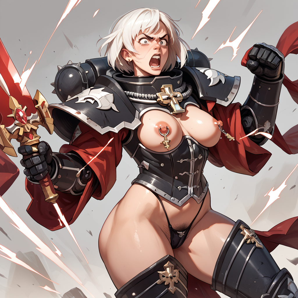 adepta_sororitas ai_generated angry_face corset exposed_breasts fighting_stance nipple_piercing power_armor pubic_hair sister_of_battle thong warhammer_(franchise) warhammer_40k