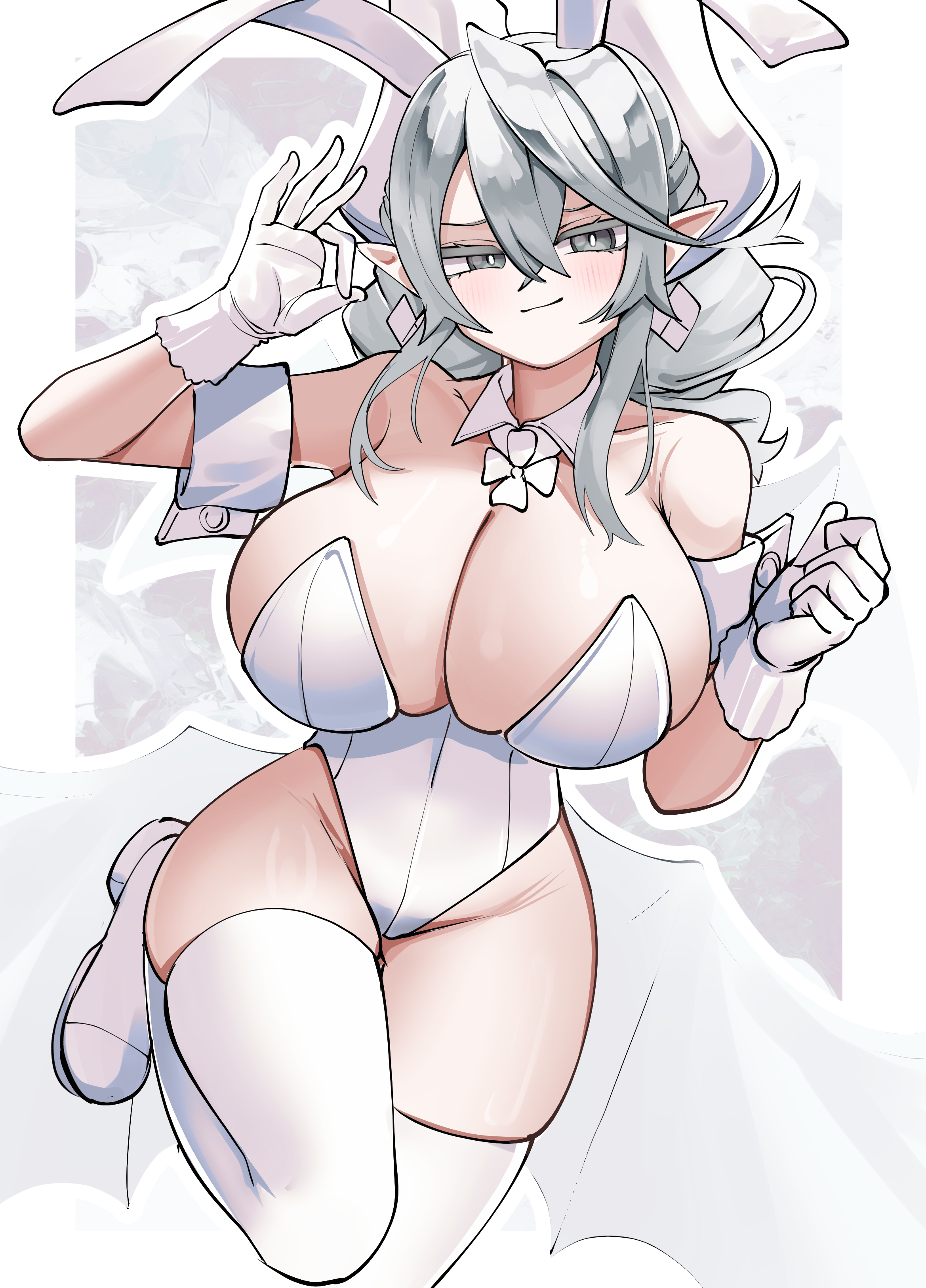 1girls, actancyaga, blowjob gesture, blush, bunny ears, bunnysuit, closed mouth, cotan (actancyaga), demon, demon girl, demon horns, duel monster, earrings, female, female only, fringe, gloves, hi res, huge breasts, konami, labrynth of the silver castle, legwear, leotard, light skin, looking at viewer, lovely labrynth of the silver castle, necklace, necktie, one leg raised, one leg up, playboy bunny, pointy ears, princess, queen, seductive smile, shoes, smile, solo, thighs, twin drills, twintails, voluptuous, woman, younger female, yu-gi-oh!