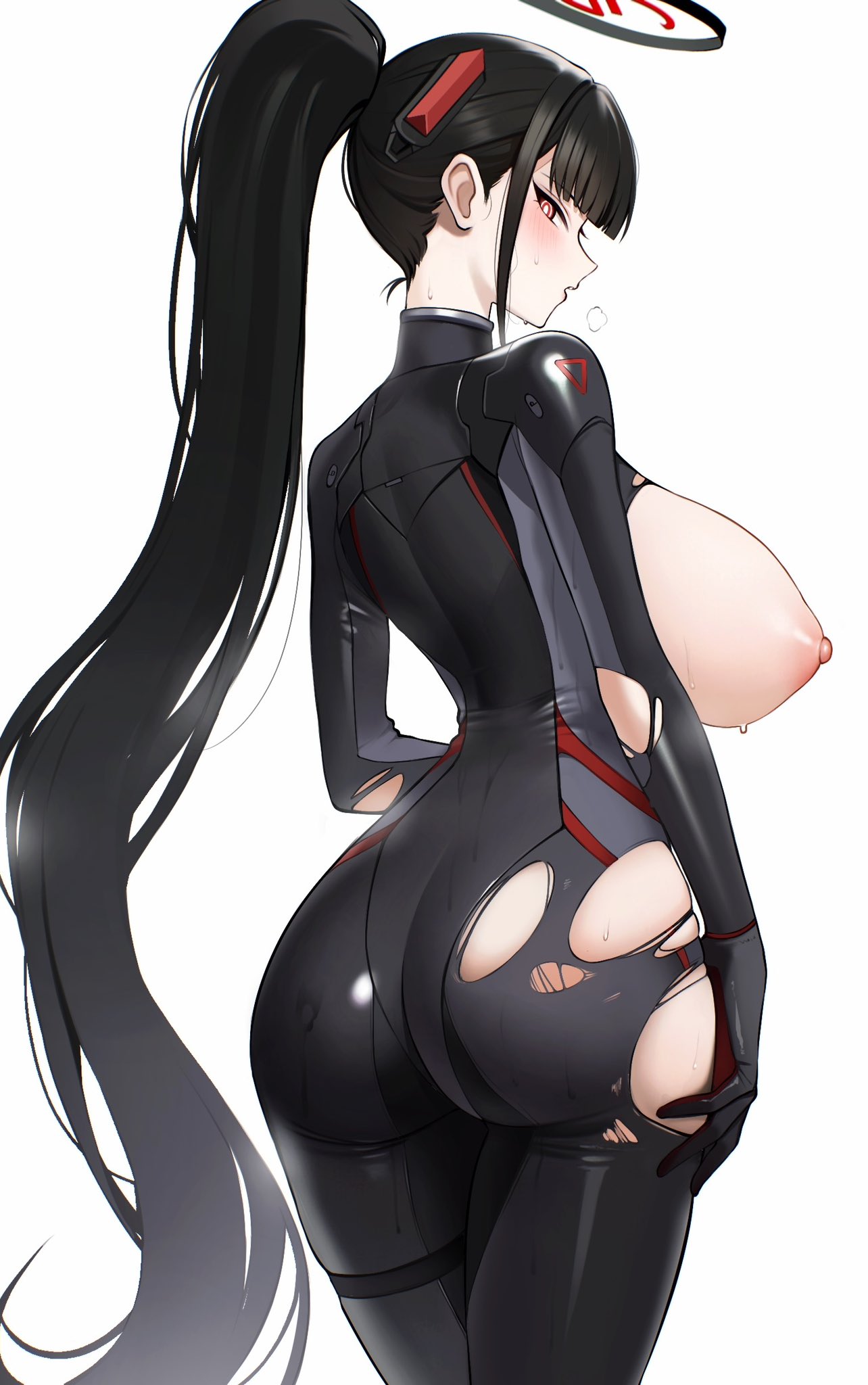 1girls areolae ass ateoyh big_ass big_breasts black_hair blue_archive blush bodysuit breasts breasts_out exposed_breasts female female_focus female_only halo hi_res huge_ass huge_breasts large_ass large_breasts light-skinned_female light_skin long_hair looking_at_viewer millennium_science_school_student nipples official_alternate_costume ponytail red_eyes rio_(blue_archive) rio_(bodysuit)_(blue_archive) seminar_(blue_archive) simple_background solo solo_female solo_focus thick_thighs thighs torn_clothes white_background