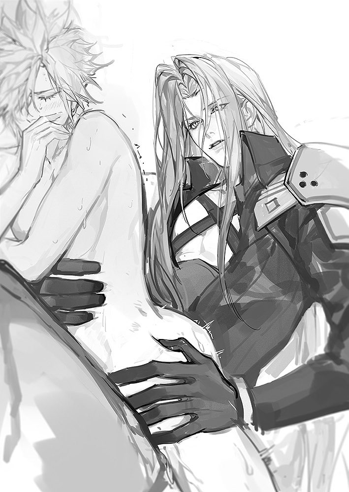 2boys anal anal_sex ass closed_eyes clothed_male_nude_male cloud_strife covering_mouth femboy final_fantasy final_fantasy_vii gay gay_sex gloves greyscale hand_on_chest hand_on_hip long_hair naked nude sephiroth spiky_hair sweat tagme tiandayu2022 trembling twink