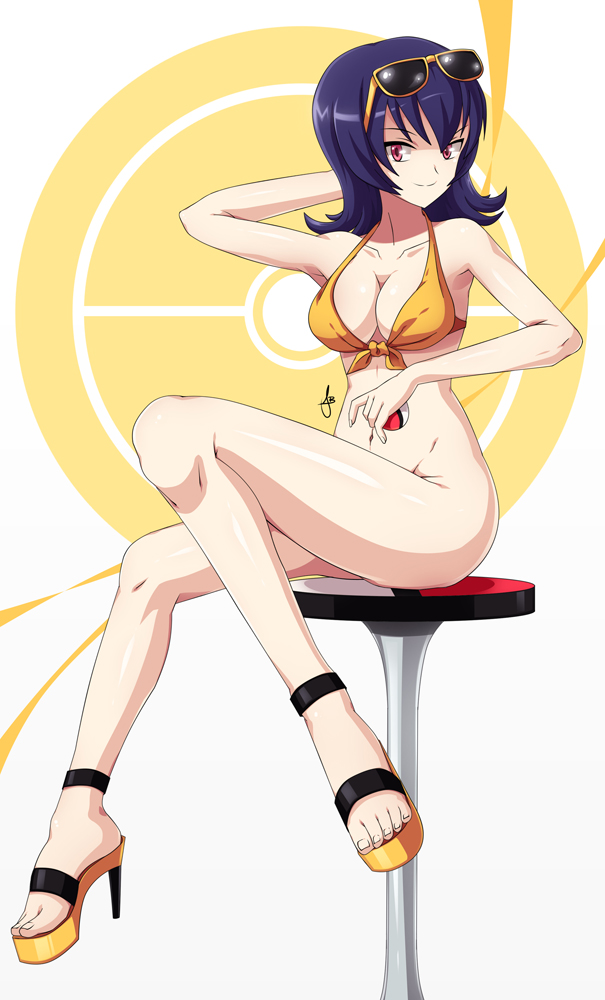 1girls, bikini top, bottomless, breasts, cleavage, dmy-gfx, female, female only, game freak, gym leader, heels, high heels, human, long legs, nintendo, partially clothed, platform heels, pokeball, pokemon, pokemon hgss, sabrina (pokemon hgss), sabrina (pokemon), sitting, solo, solo female, sunglasses, sunglasses on head, white background, yellow theme
