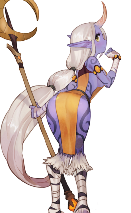 ass belt dress from_behind fur hair hairband hips hooves horn league_of_legends loincloth_dress long_ears long_hair pointy_ears purple_skin soraka staff thighs very_long_hair white_hair wrappings yellow_eyes yomi yomi_(artist)