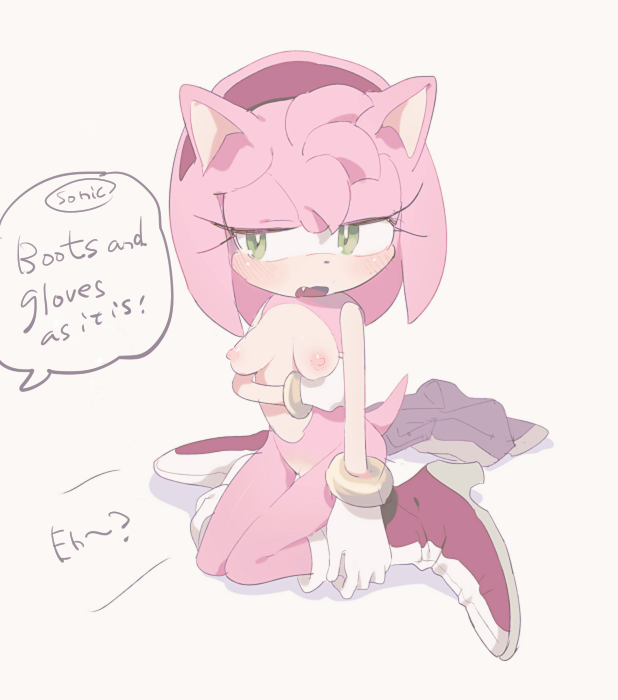 amy_rose aoki6311 blush bracelet breasts cute_fang english_text female gloves green_eyes headband hedgehog jewelry mammal pussy sega sonic_(series) text