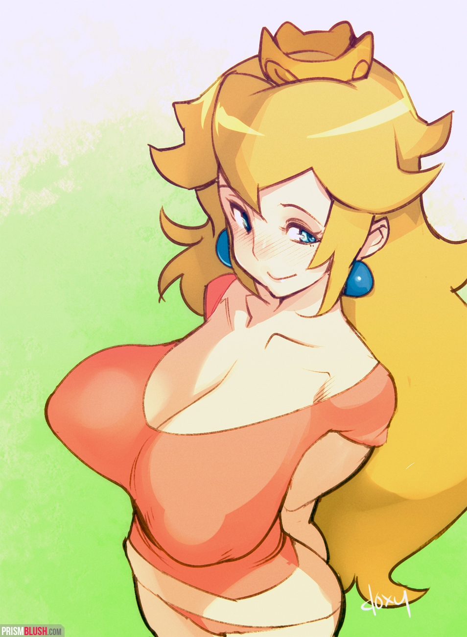 1girls, blonde hair, blue eyes, blush, breasts, cleavage, clothing, crown, doxy, earrings, female, female only, green background, hair, large breasts, long hair, mario (series), nintendo, panties, princess peach, shirt, simple background, smile, solo, standing, t-shirt, tight clothing, underwear, voluptuous