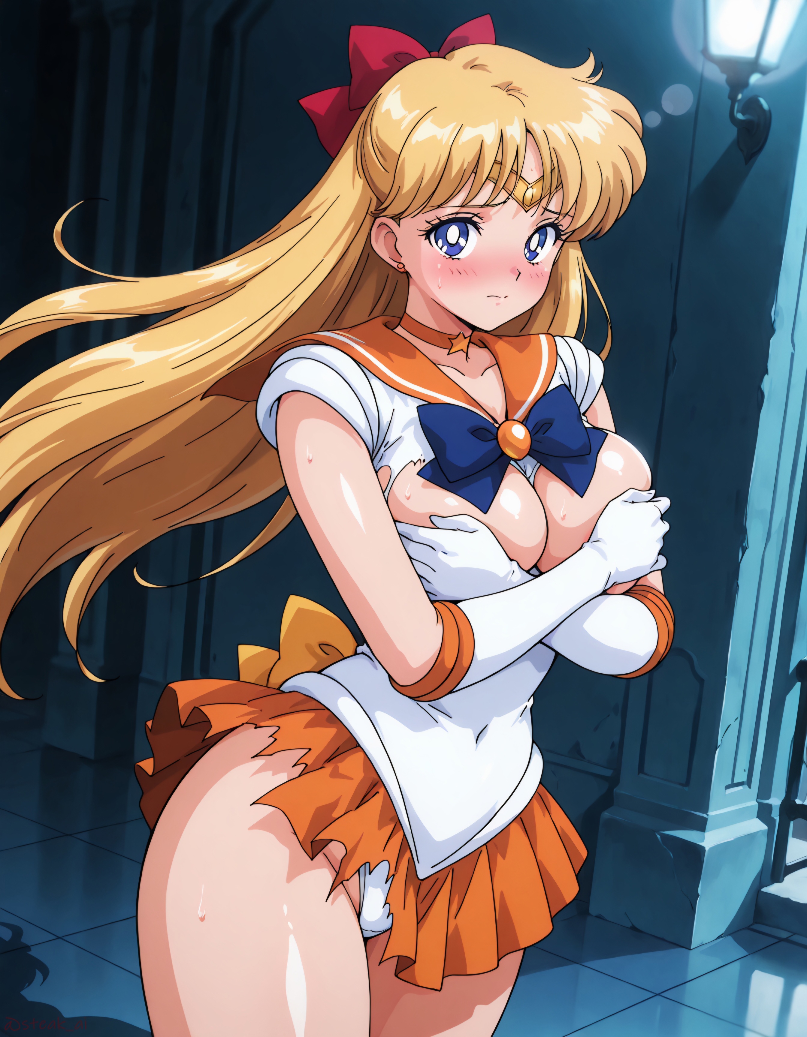 1girls, ai generated, bishoujo senshi sailor moon, blonde hair, blue eyes, blush, bow, breasts, clothing, covering breast, covering breasts, embarrassed, embarrassed exposed female, female, holding breast, holding breasts, looking at viewer, medium breasts, minako aino, outdoors, panties, red hair bow, sailor senshi uniform, sailor venus, skirt, steak ai, torn clothes, torn skirt, white panties