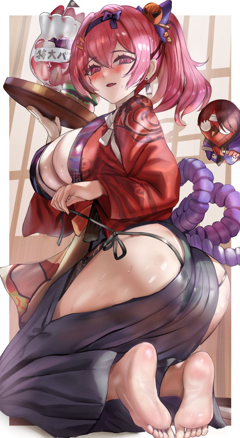 ass, barefoot, bird, black hakama, black panties, blush, breasts, cleavage, commentary request, female, food, glasses, goddess of victory: nikke, hair ornament, hairband, hairclip, hakama, hakama skirt, highres, himonoata, holding, holding tray, japanese clothes, jewelry, kimono, large breasts, long hair, looking at viewer, mast (nikke), mast (romantic maid) (nikke), mast (romantic maid) (tea service) (nikke), morgan (nikke), necklace, oerba yun fang, official alternate costume, open mouth, panties, parallel hairclips, parfait, parrot, parted lips, pink eyes, pink hair, purple hairband, red kimono, skirt, smile, strawberry parfait, sweat, sword, tray, underwear, weapon