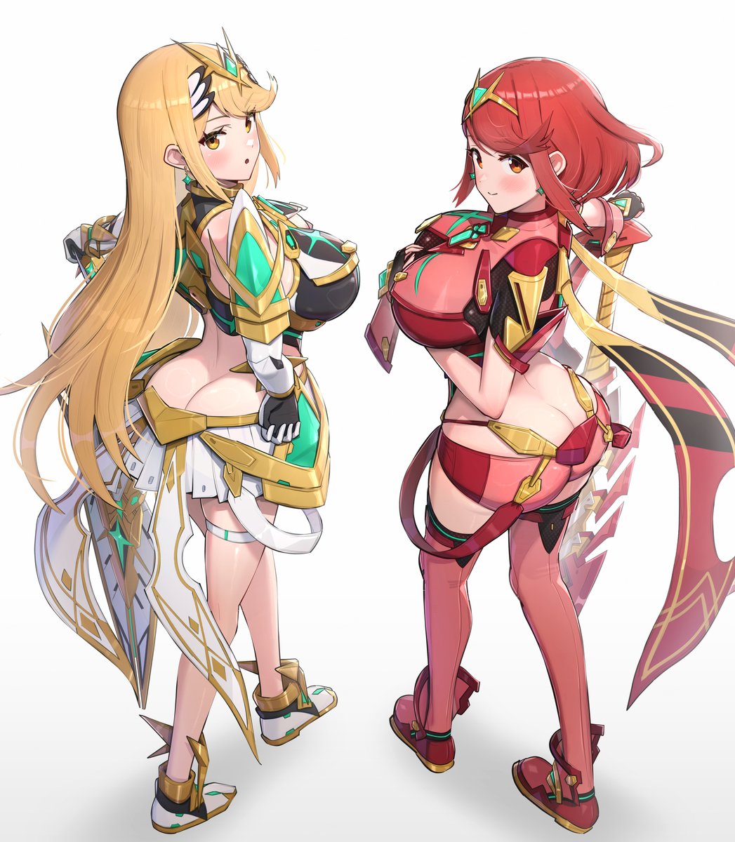 2girls absurdres ass big_ass big_breasts blonde_hair breasts cleavage gonzarez highres large_breasts long_hair multiple_girls mythra pyra red_eyes red_hair simple_background very_long_hair white_background xenoblade_(series) xenoblade_chronicles_(series) xenoblade_chronicles_2 yellow_eyes